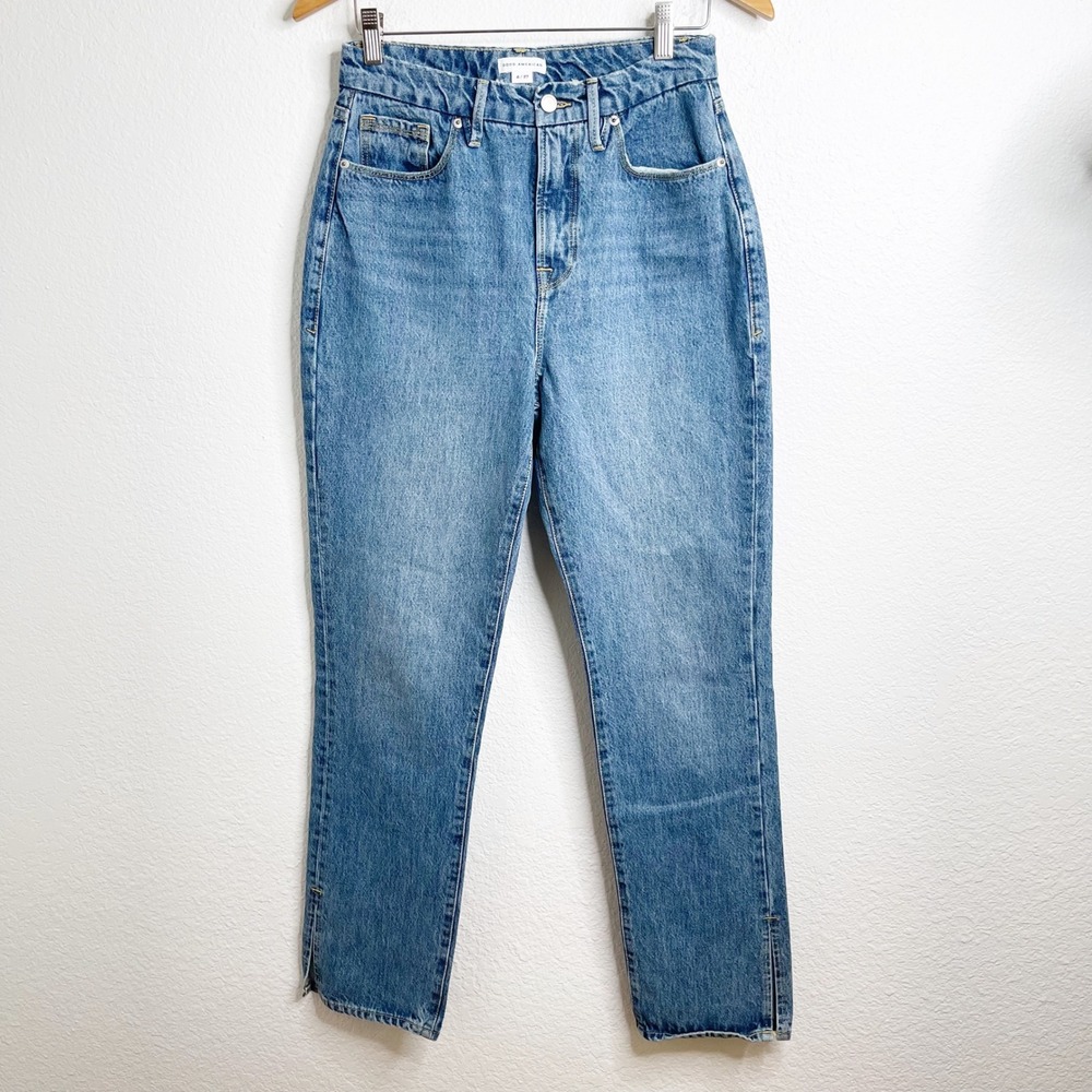 Good American Good 90s High Rise Straight Leg Split Hem Jeans Blue 4 27 GB9991FT